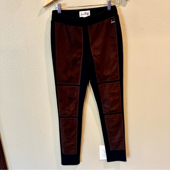 Joseph Ribkoff Pull On Mid Rise Black Leggings with Brown Faux Suede, size 4 - Picture 1 of 7